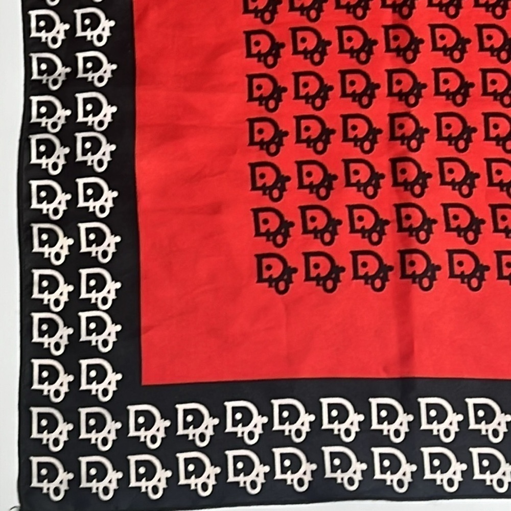 Vintage Christian Dior 35” Silk Red Black White Logo Scarf - Picture 3 of 5